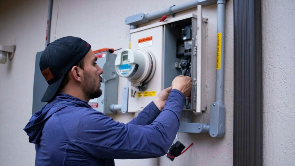 Technician diagnosing an electrical component of an HVAC system